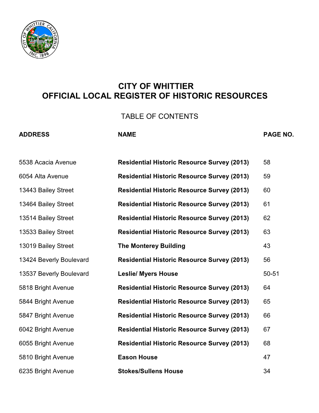 Official Local Register of Historic Resources