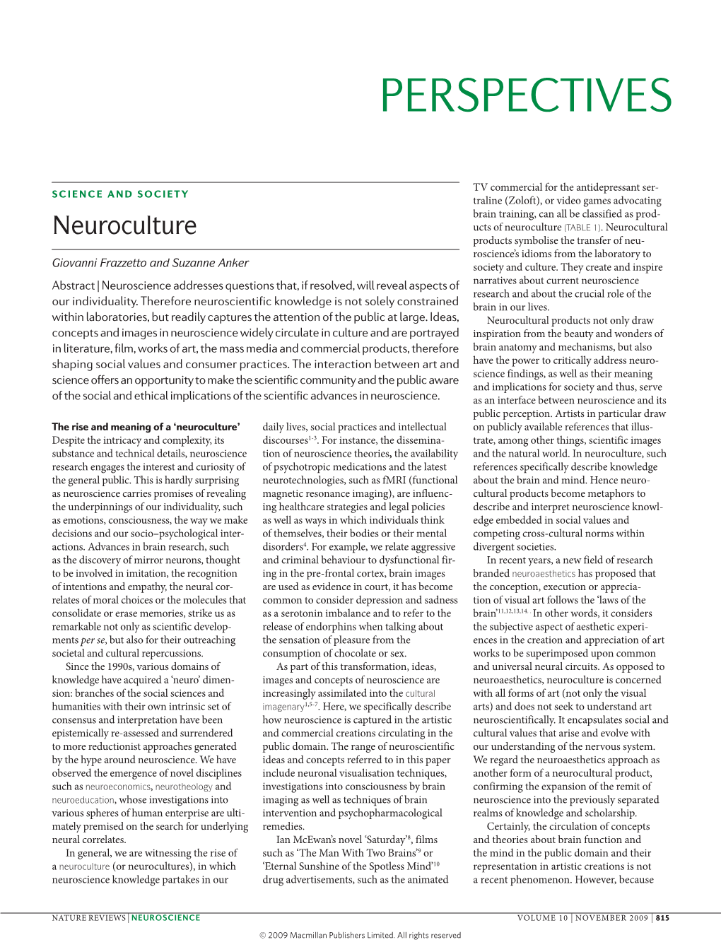 Neuroculture Nature Reviews Neuroscience