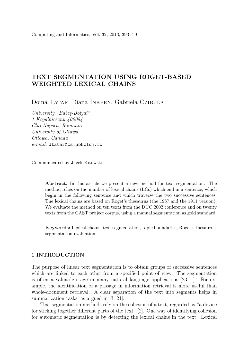 Text Segmentation Using Roget-Based Weighted Lexical Chains