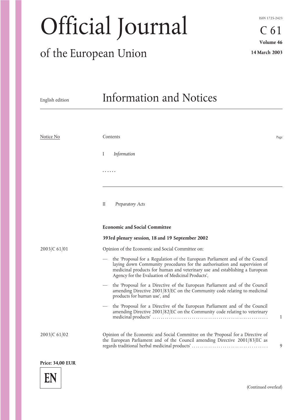 Official Journal C61 Volume 46 of the European Union 14 March 2003