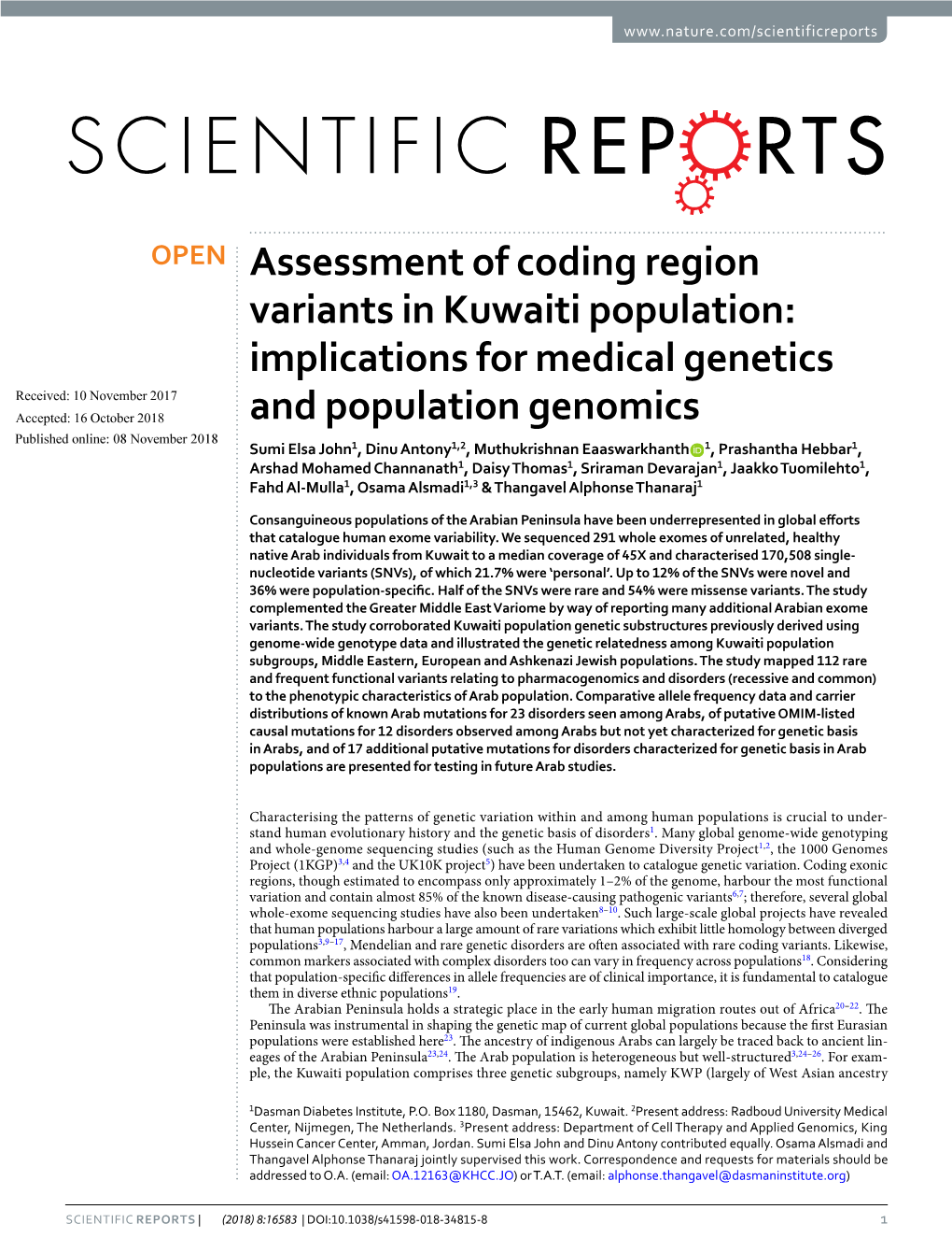 Assessment of Coding Region Variants in Kuwaiti Population: Implications