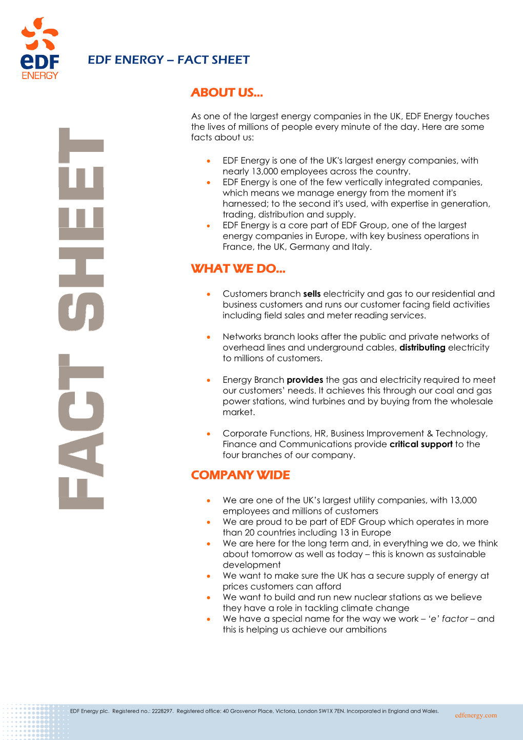 Edf Energy – Fact Sheet About Us… What We