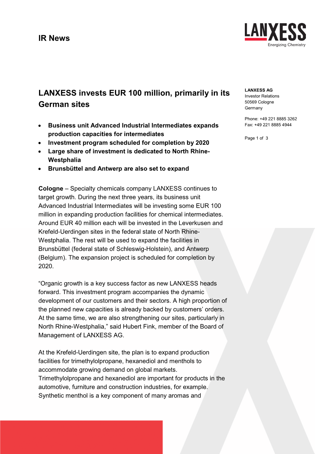 IR News LANXESS Invests EUR 100 Million, Primarily in Its German Sites