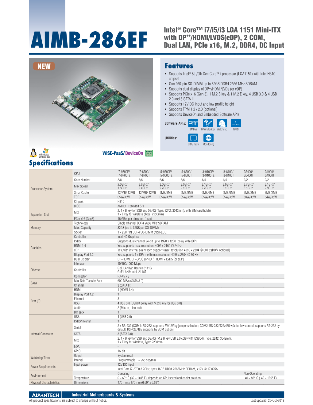 Features AIMB-286EF Intel® Core™ I7/I5/I3 LGA 1151 Mini-ITX with DP