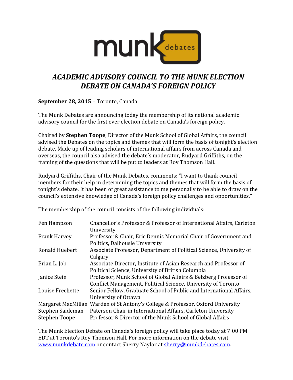 Academic Advisory Council to the Munk Election Debate on Canada's