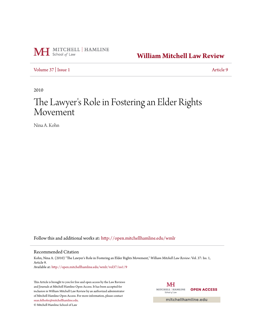 The Lawyer's Role in Fostering an Elder Rights Movement Nina A