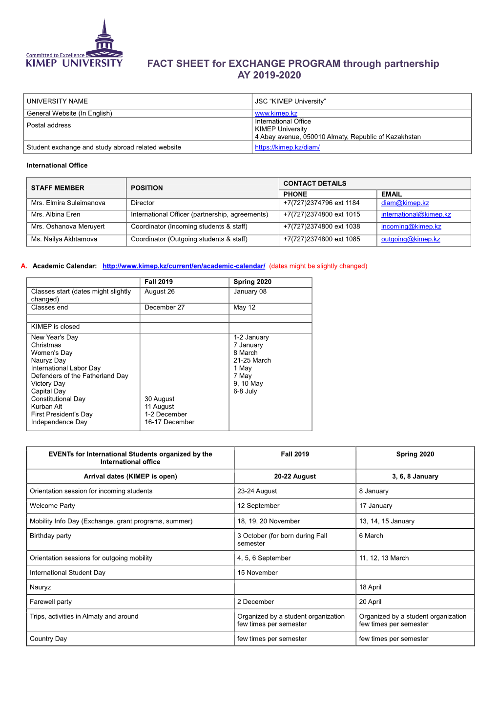 FACT SHEET for EXCHANGE PROGRAM Through Partnership AY 2019-2020