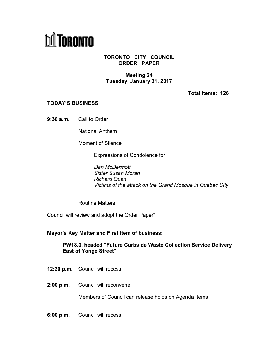 TORONTO CITY COUNCIL ORDER PAPER Meeting 24 Tuesday