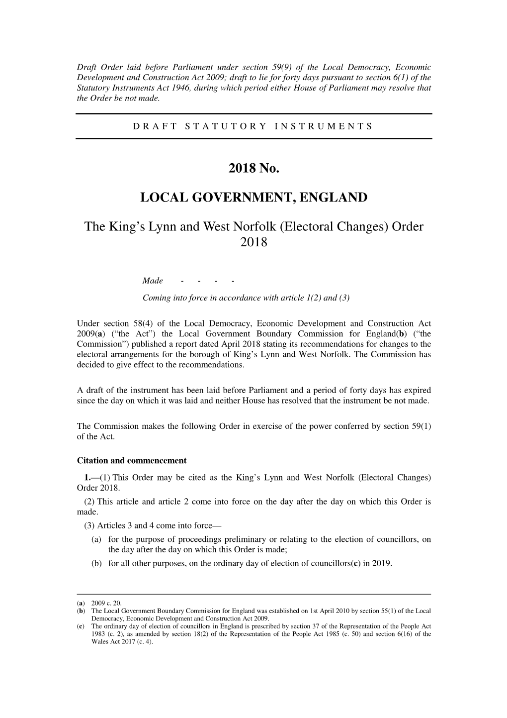 The King's Lynn and West Norfolk (Electoral Changes) Order 2018