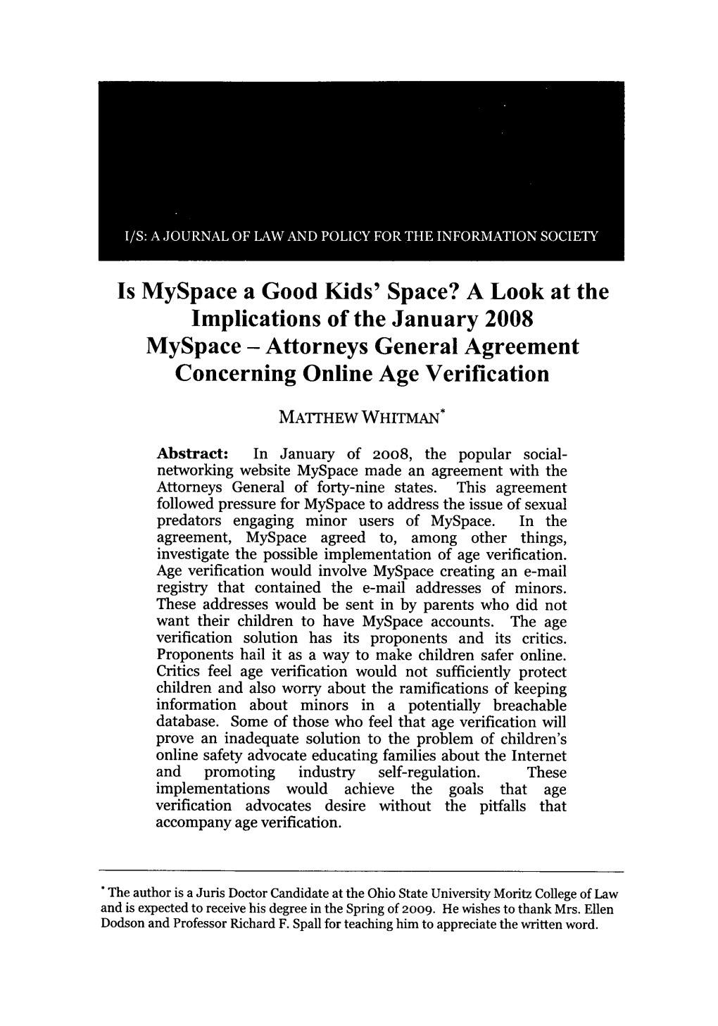 A Look at the Implications of the January 2008 Myspace - Attorneys General Agreement Concerning Online Age Verification
