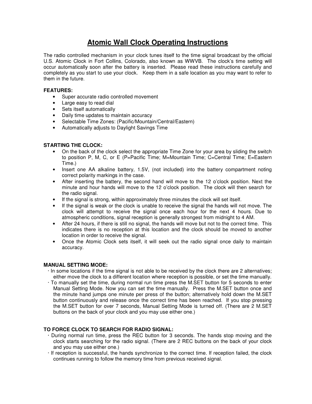 Atomic Wall Clock Operating Instructions