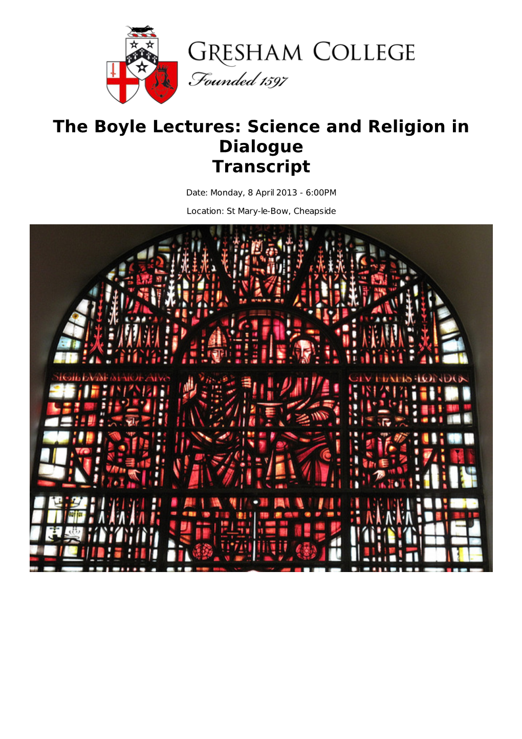 The Boyle Lectures: Science and Religion in Dialogue Transcript