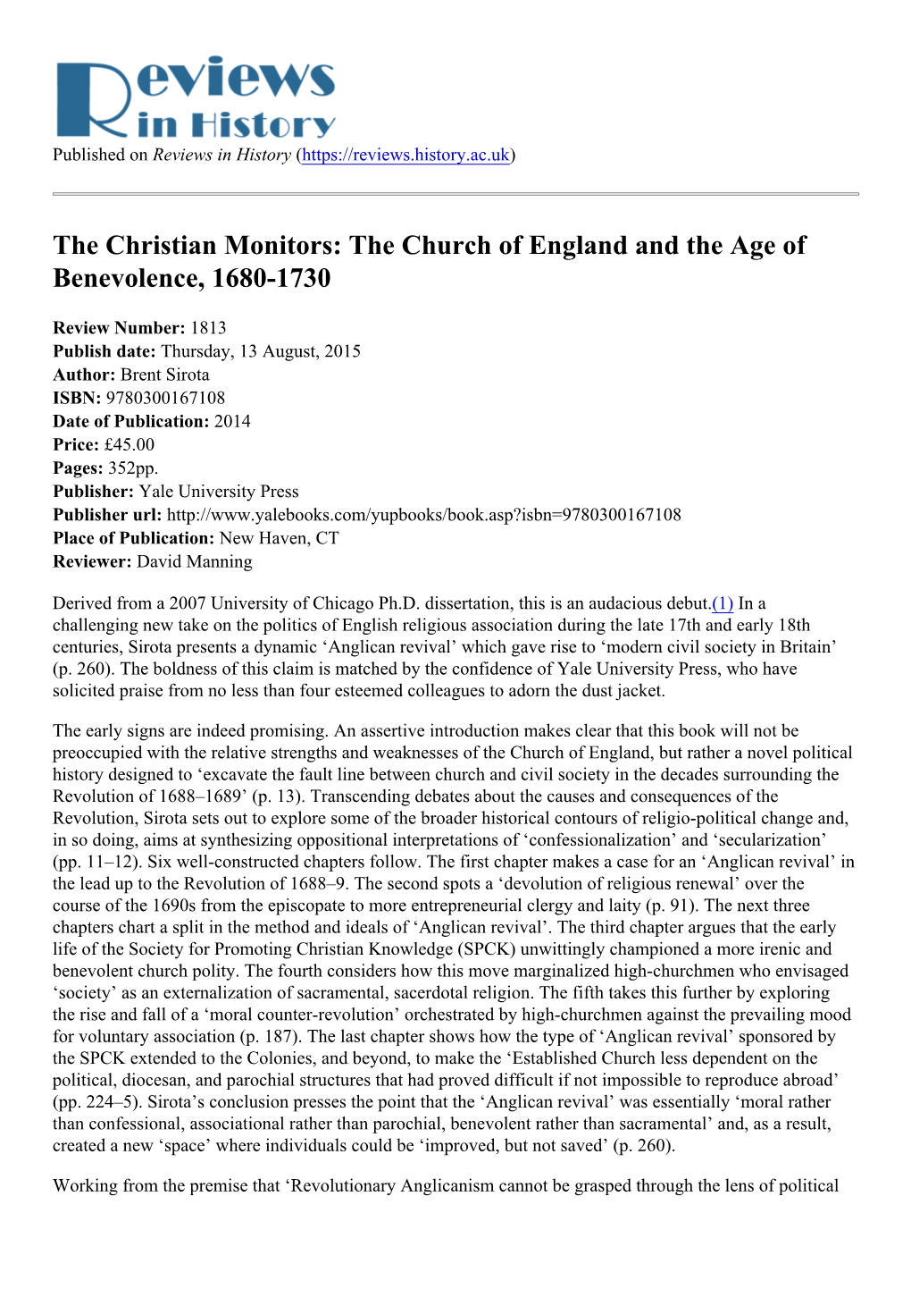 The Christian Monitors: the Church of England and the Age of Benevolence, 1680-1730