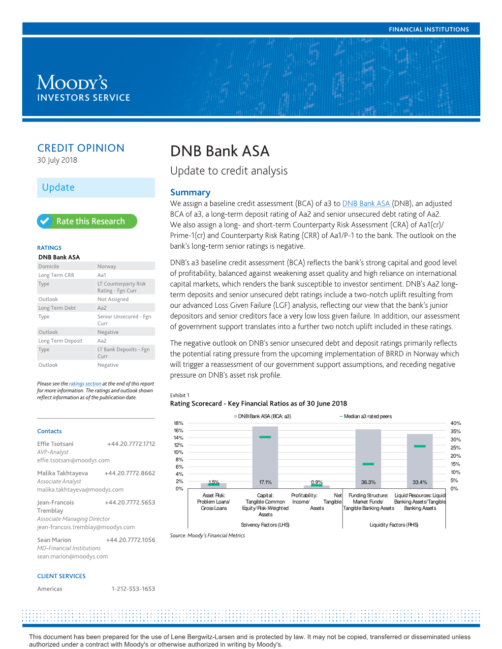 DNB Bank ASA 30 July 2018 Update to Credit Analysis