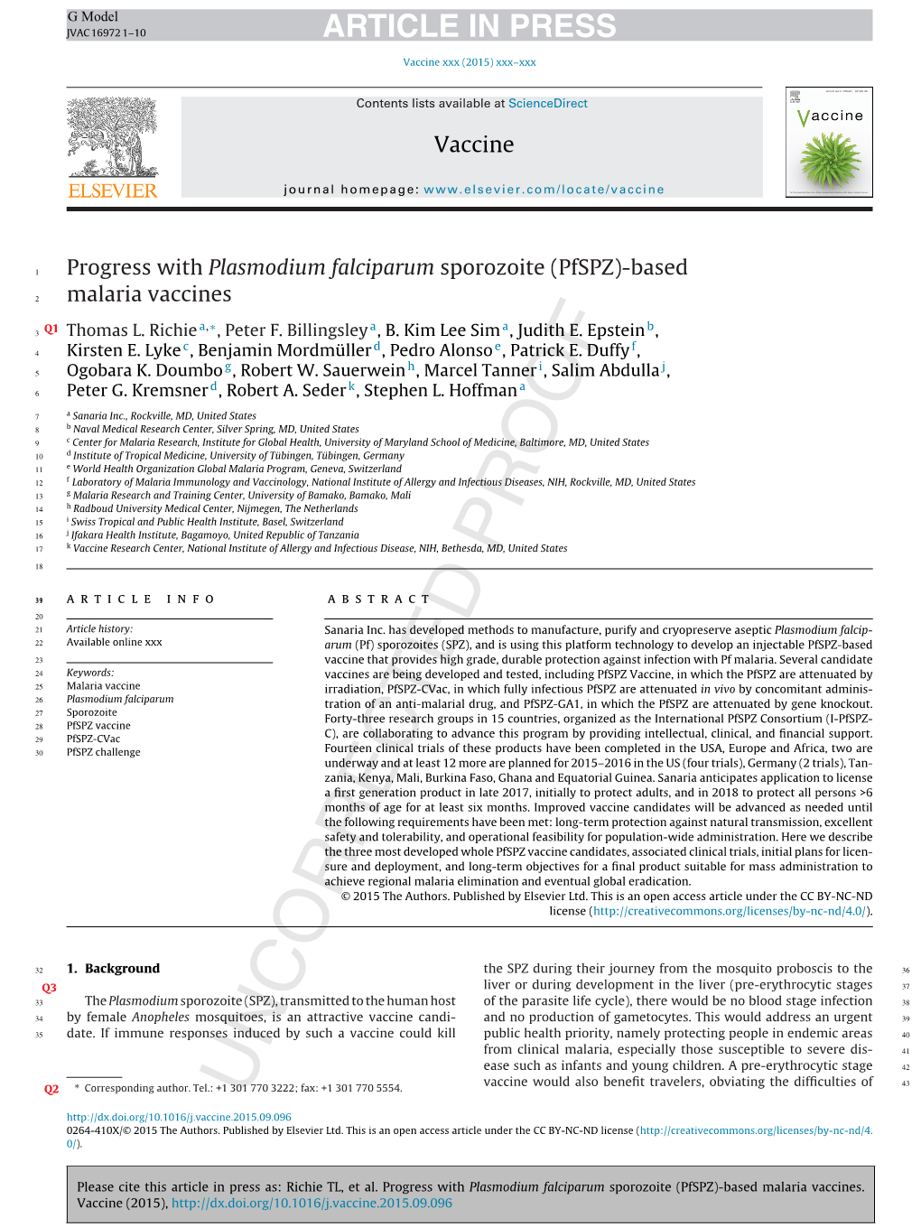 Progress with Plasmodium Falciparum Sporozoite (Pfspz)-Based