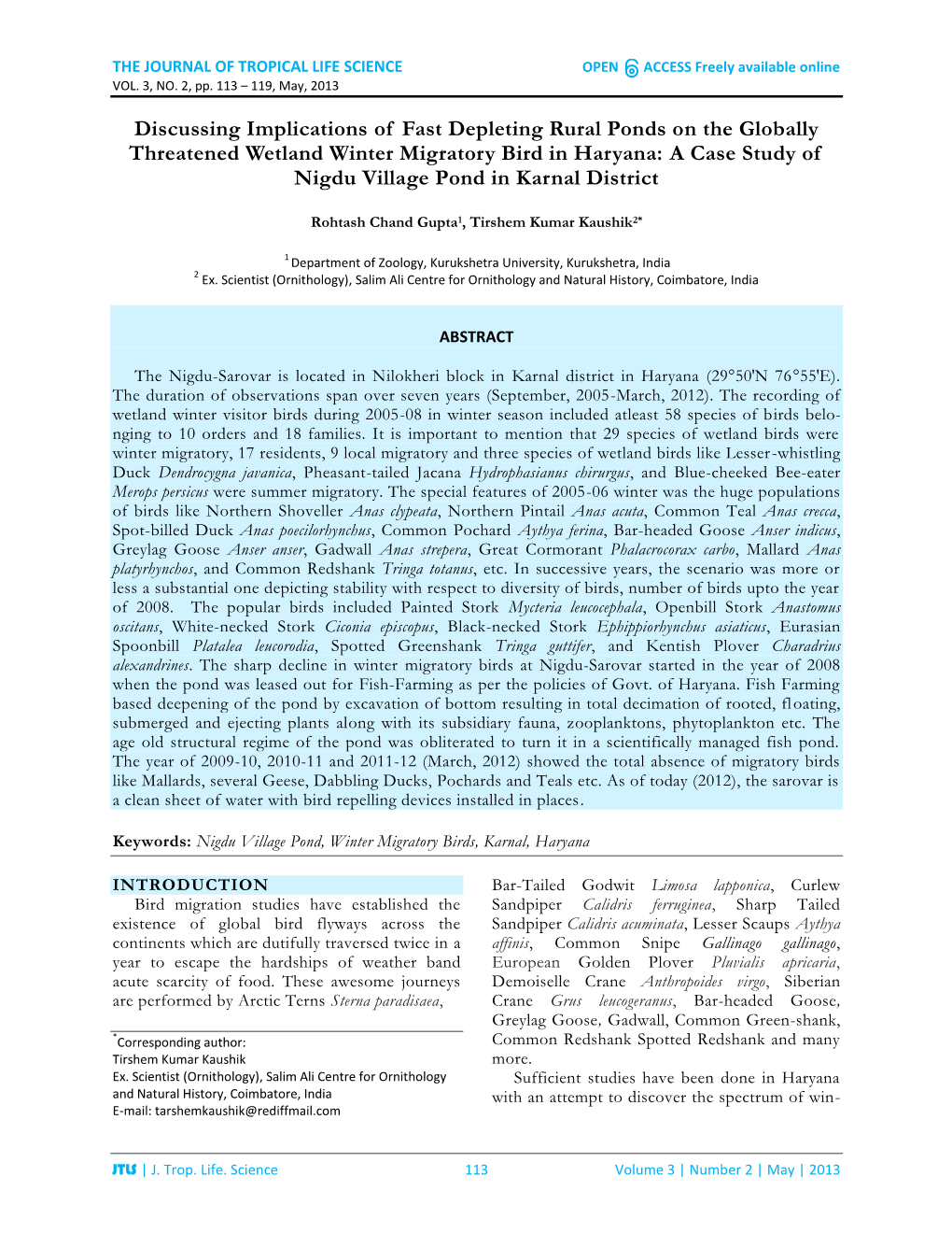 Discussing Implications of Fast Depleting Rural Ponds on the Globally Threatened Wetland Winter Migratory Bird in Haryana