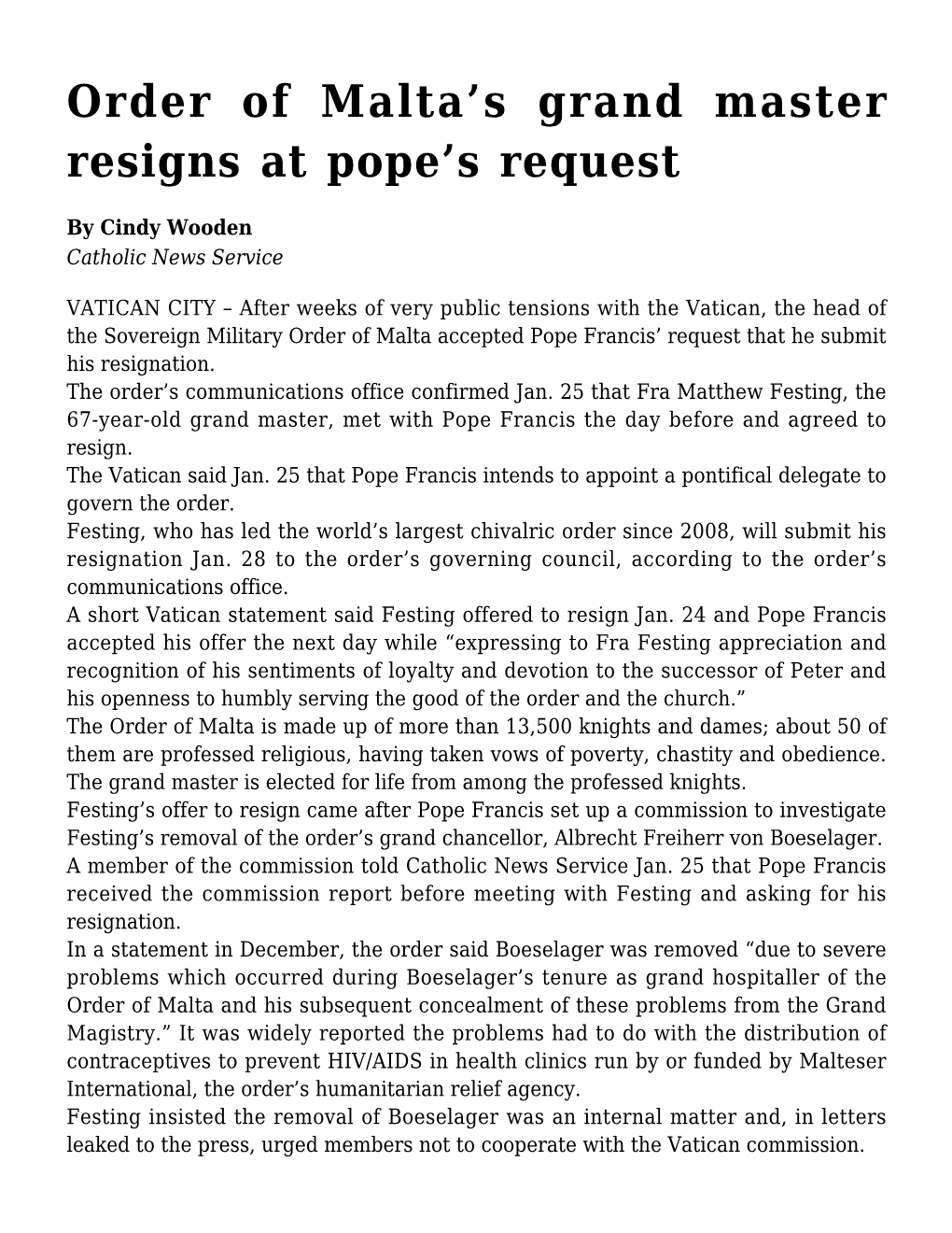 Order of Malta's Grand Master Resigns at Pope's Request