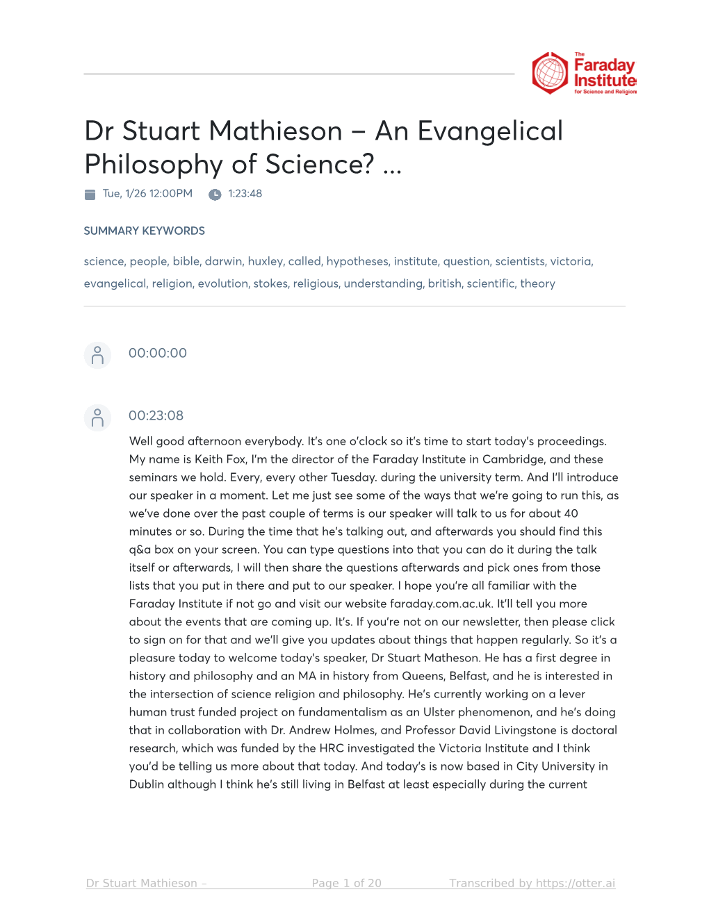 Dr Stuart Mathieson – an Evangelical Philosophy of Science?