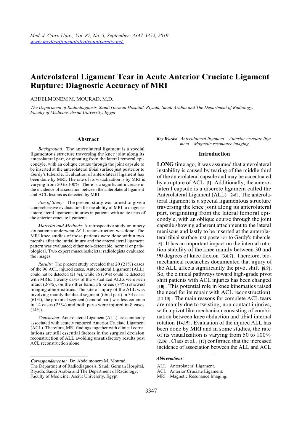 Anterolateral Ligament Tear in Acute Anterior Cruciate Ligament Rupture