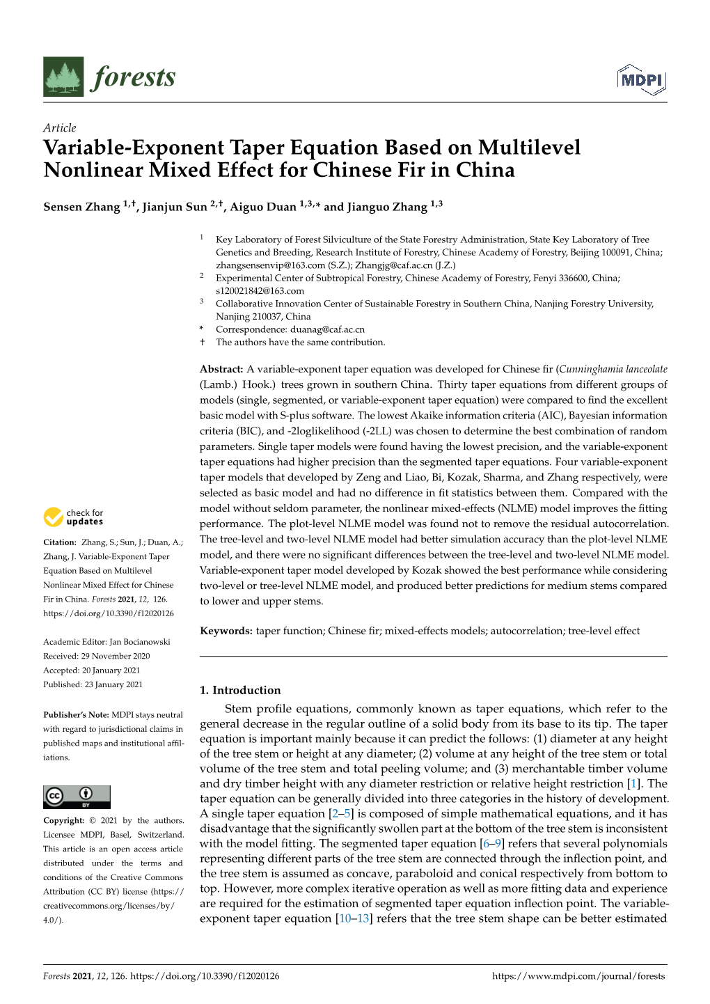 Variable-Exponent Taper Equation Based on Multilevel Nonlinear Mixed Effect for Chinese Fir in China