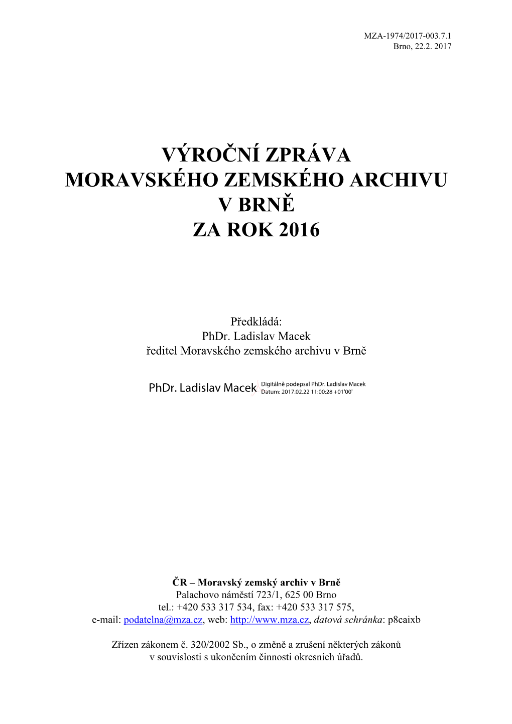 Výroční Zpráva Moravského Zemského Archivu V Brně Za Rok 2016