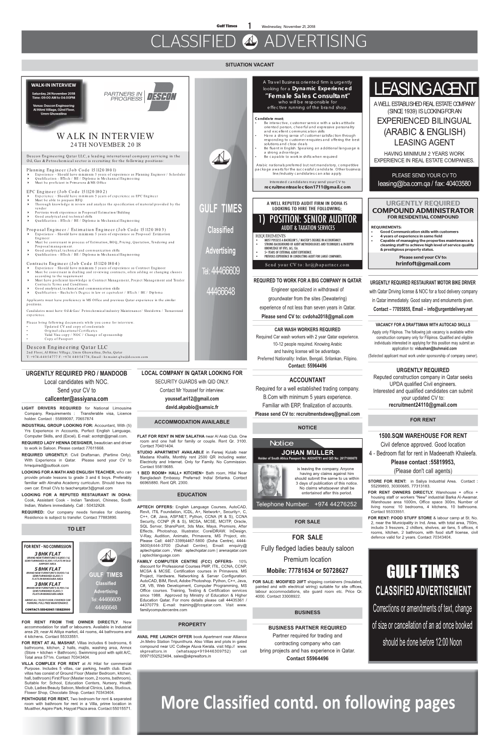 Classified Contd. on Following Pages Gulf Times 2 Wednesday, November 21, 2018 CLASSIFIED ADVERTISING