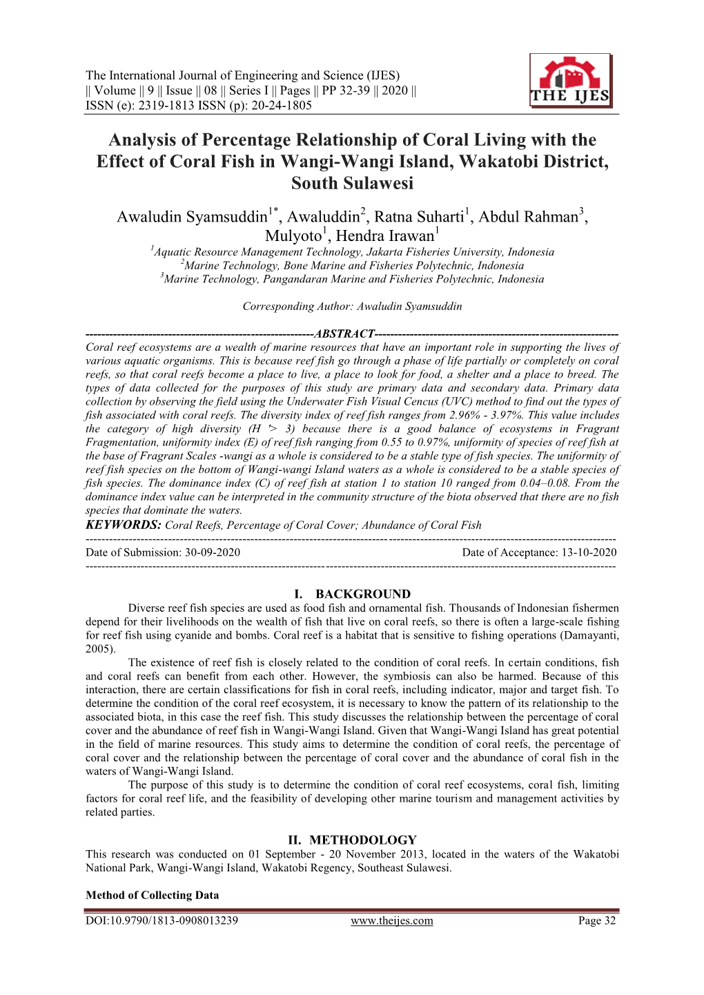 Analysis of Percentage Relationship of Coral Living with the Effect of Coral Fish in Wangi-Wangi Island, Wakatobi District, South Sulawesi