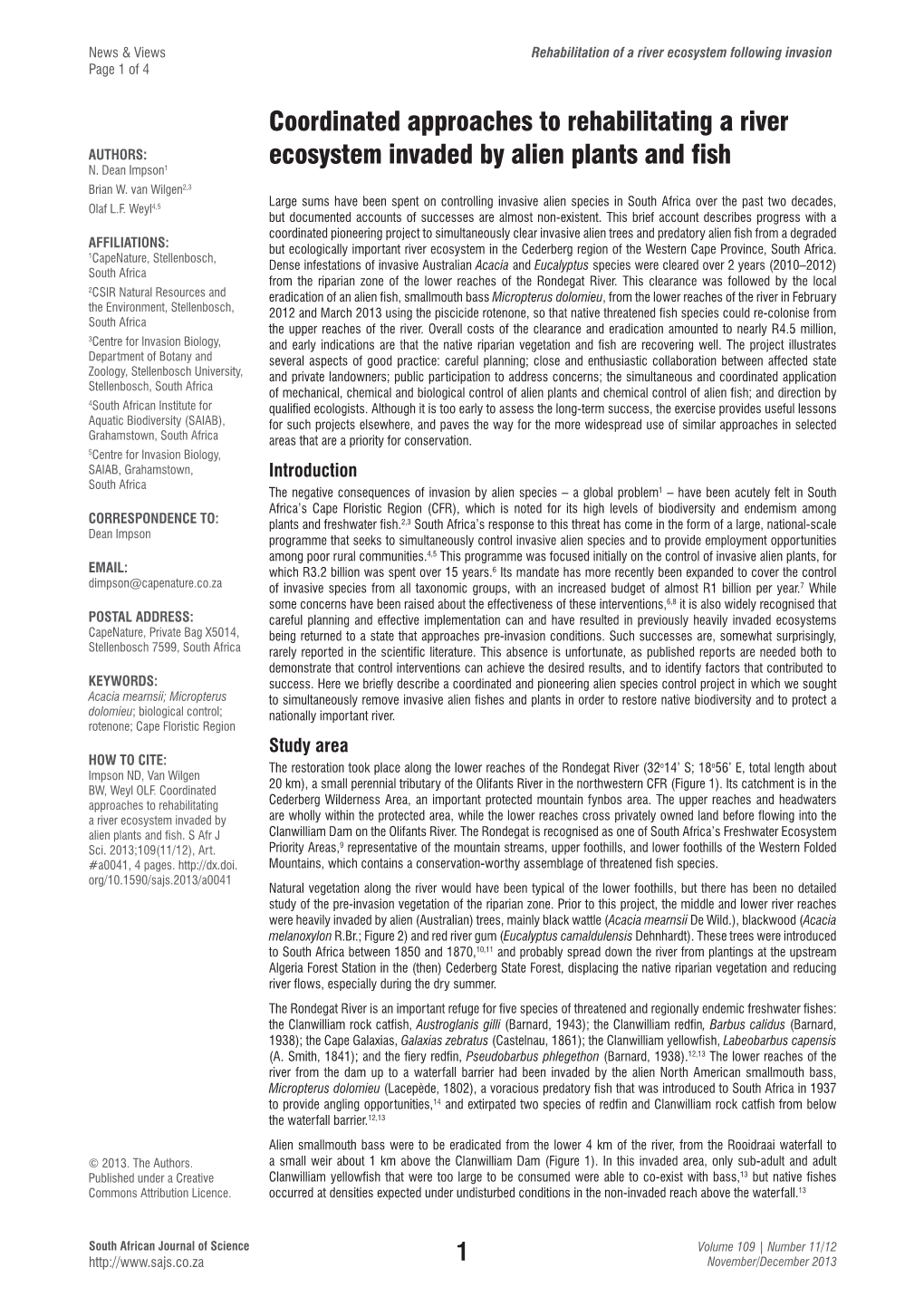 Coordinated Approaches to Rehabilitating a River Ecosystem Invaded by Alien Plants and Fish