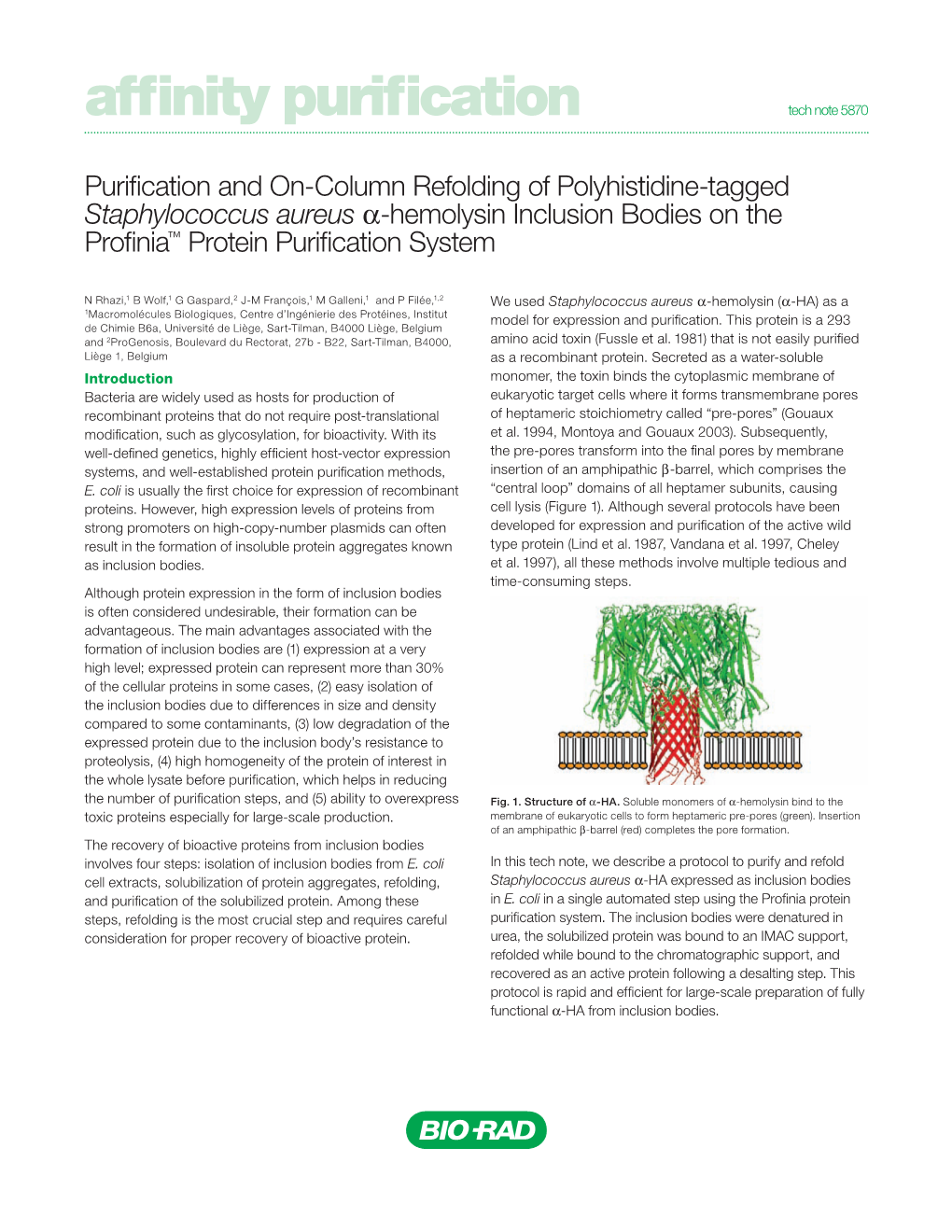 Purification and On-Column Refolding of Polyhistidine-Tagged Staphylococcus Aureus A-Hemolysin Inclusion Bodies on the Profinia™ Protein Purification System