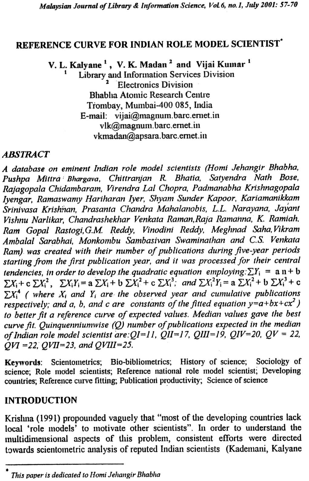 Reference Curve for Indian Role Model Scientists