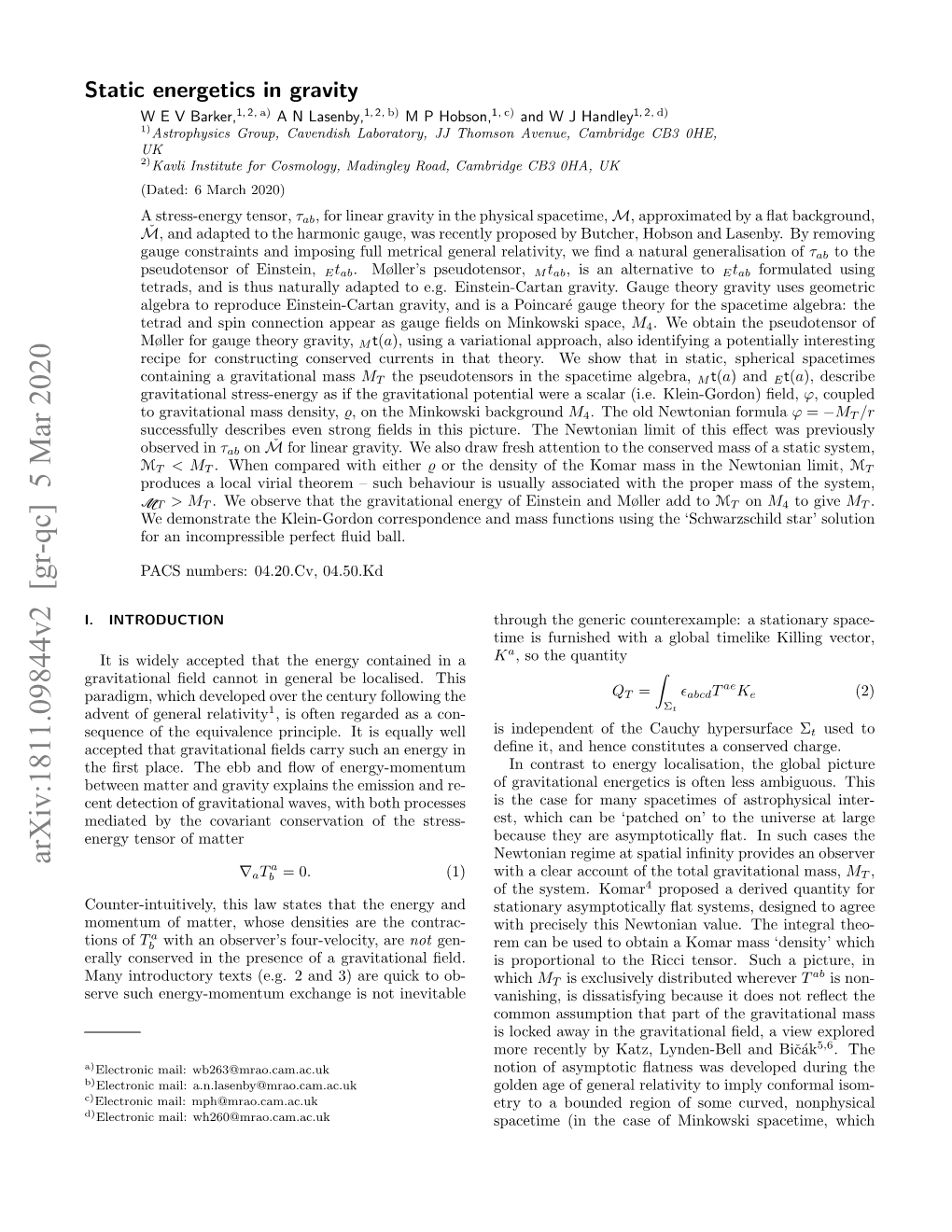 Arxiv:1811.09844V2 [Gr-Qc] 5 Mar 2020 a ∇Atb = 0