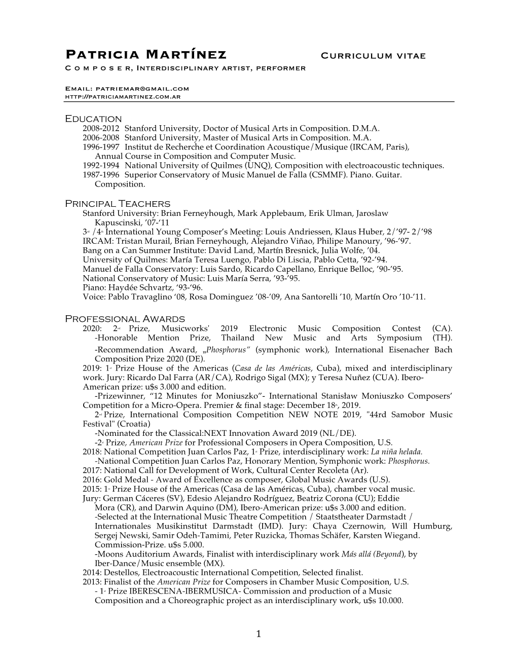 Patricia Martínez Curriculum Vitae C O M P O S E R, Interdisciplinary Artist, Performer