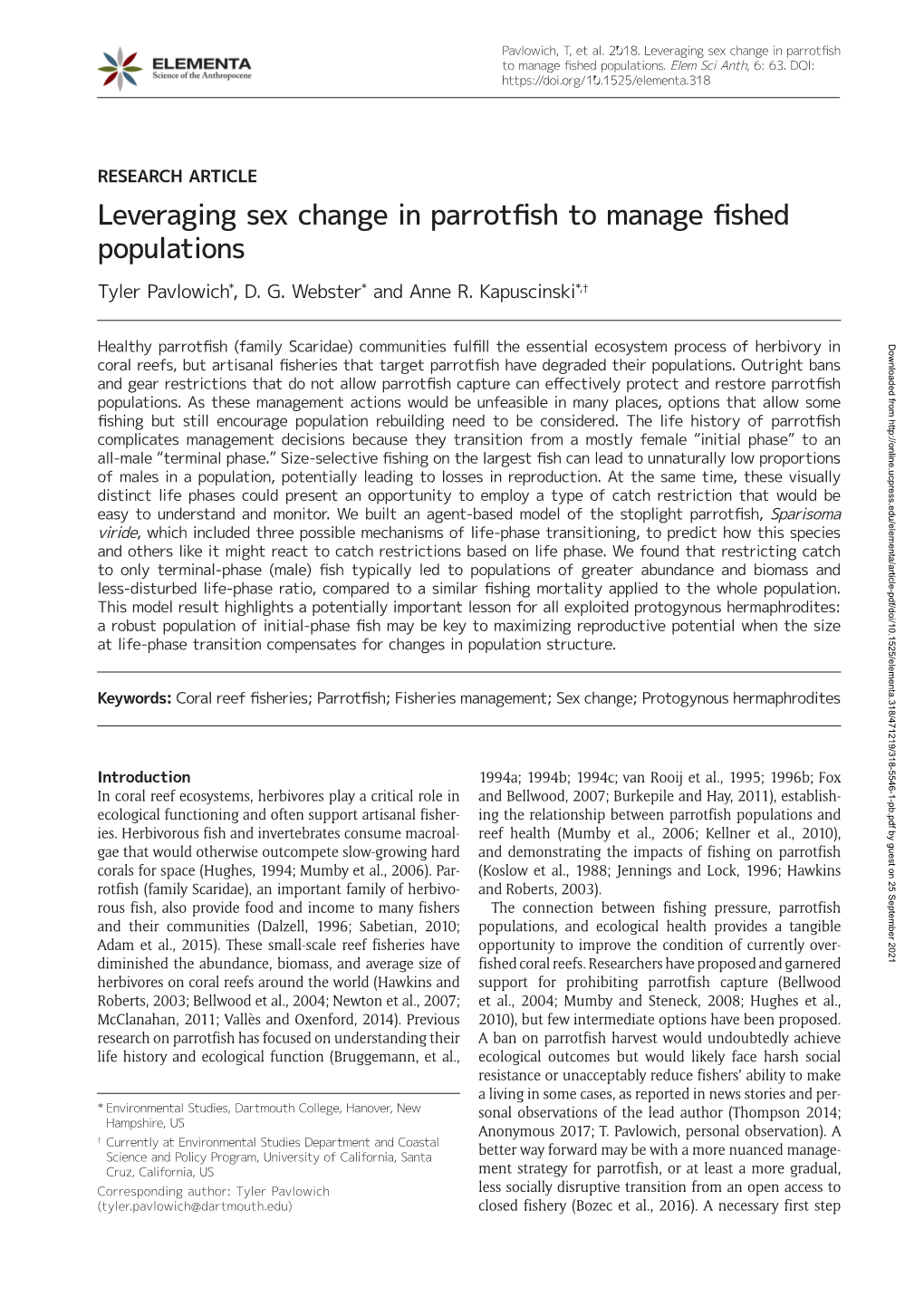 Leveraging Sex Change in Parrotfish to Manage Fished Populations.Elem Sci Anth, 6: 63