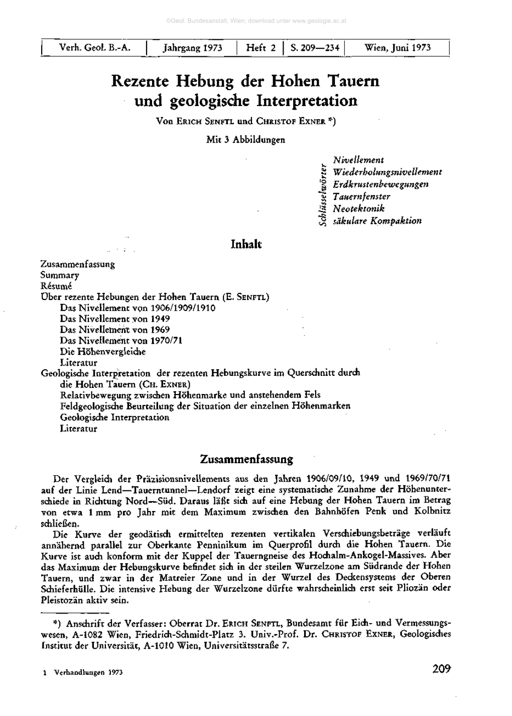 Rezente Hebung Der Hohen Tauern Und Geologische Interpretation