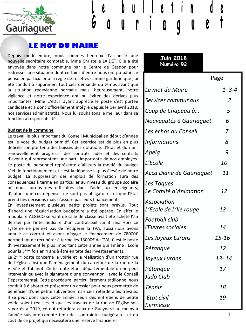 LE MOT DU MAIRE Page Le Mot Du Maire 1–3-‐4 Services