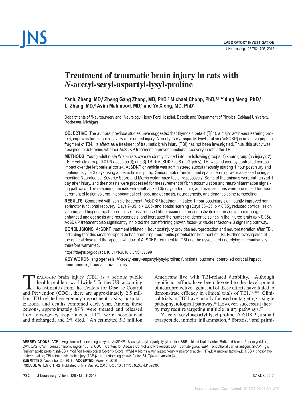 Treatment of Traumatic Brain Injury in Rats with N-Acetyl-Seryl-Aspartyl-Lysyl-Proline