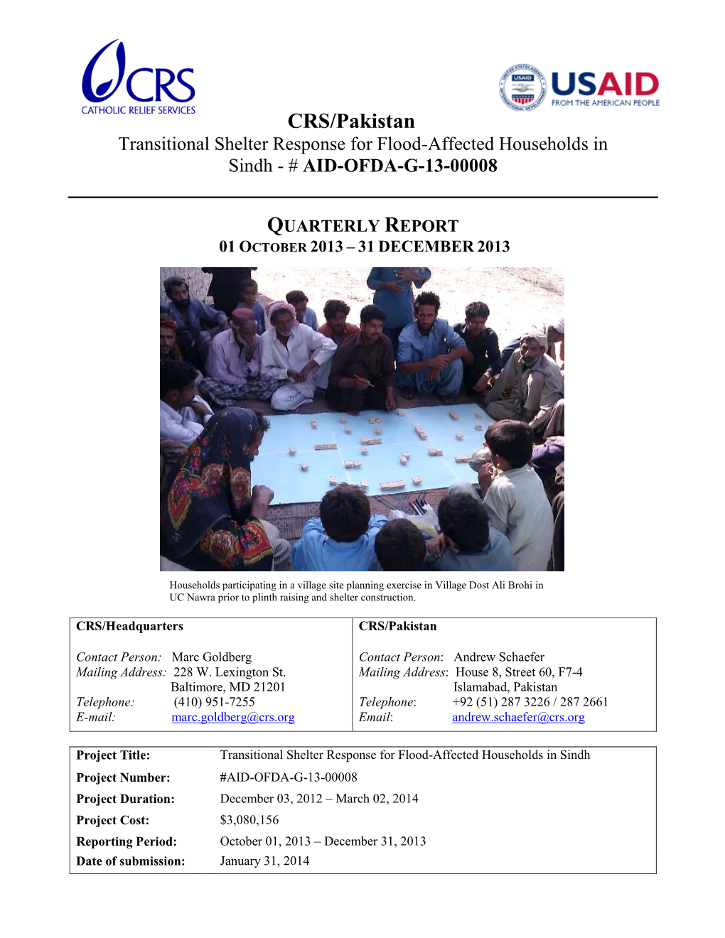 CRS/Pakistan Transitional Shelter Response for Flood-Affected Households in Sindh - # AID-OFDA-G-13-00008