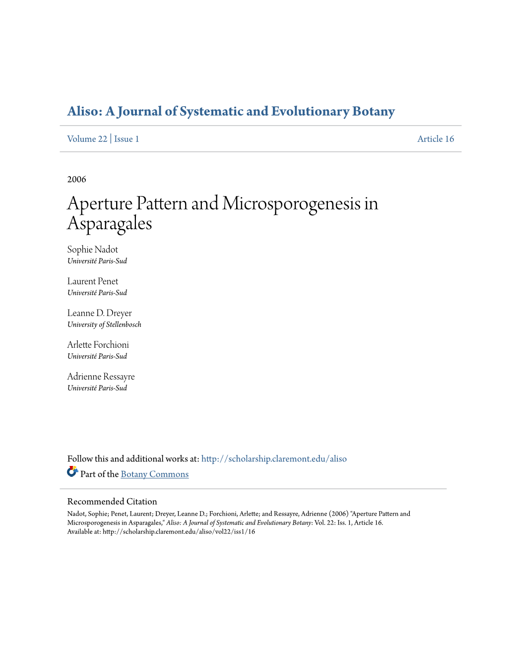 Aperture Pattern and Microsporogenesis in Asparagales Sophie Nadot Université Paris-Sud