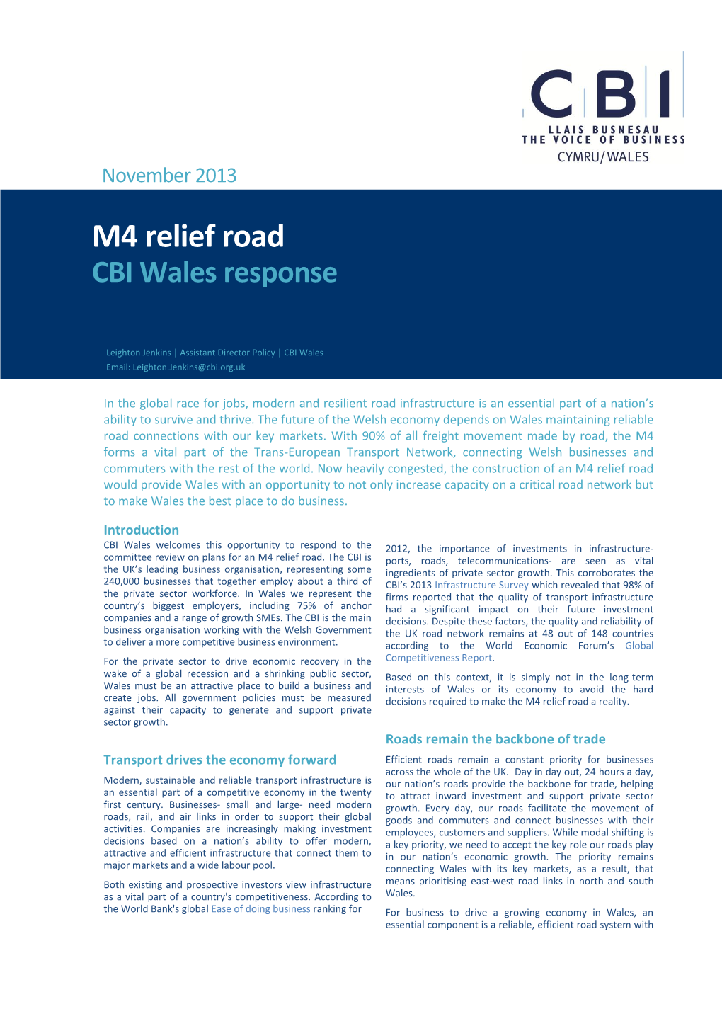 M4 Relief Road CBI Wales Response