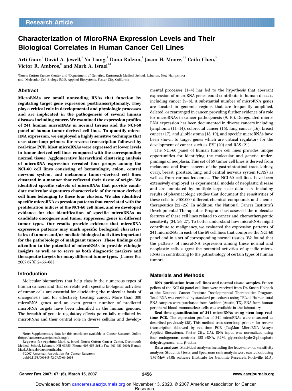 Characterization of Microrna Expression Levels and Their Biological Correlates in Human Cancer Cell Lines