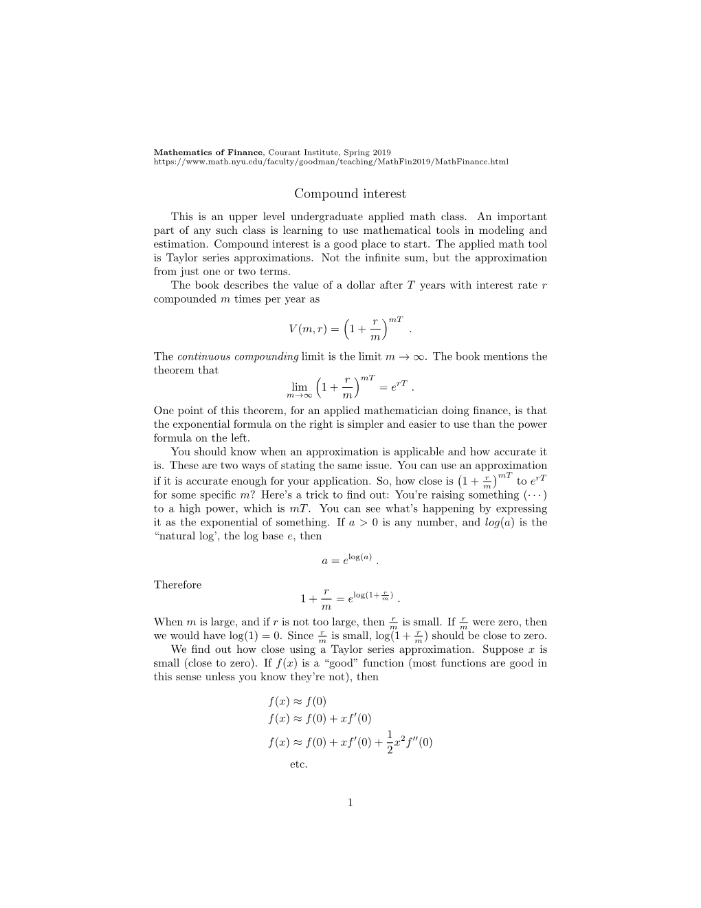 Compound Interest This Is an Upper Level Undergraduate Applied Math Class