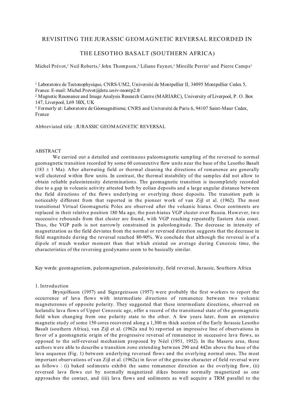 Revisiting the Jurassic Geomagnetic Reversal Recorded in the Lesotho Basalt (Southern Africa)