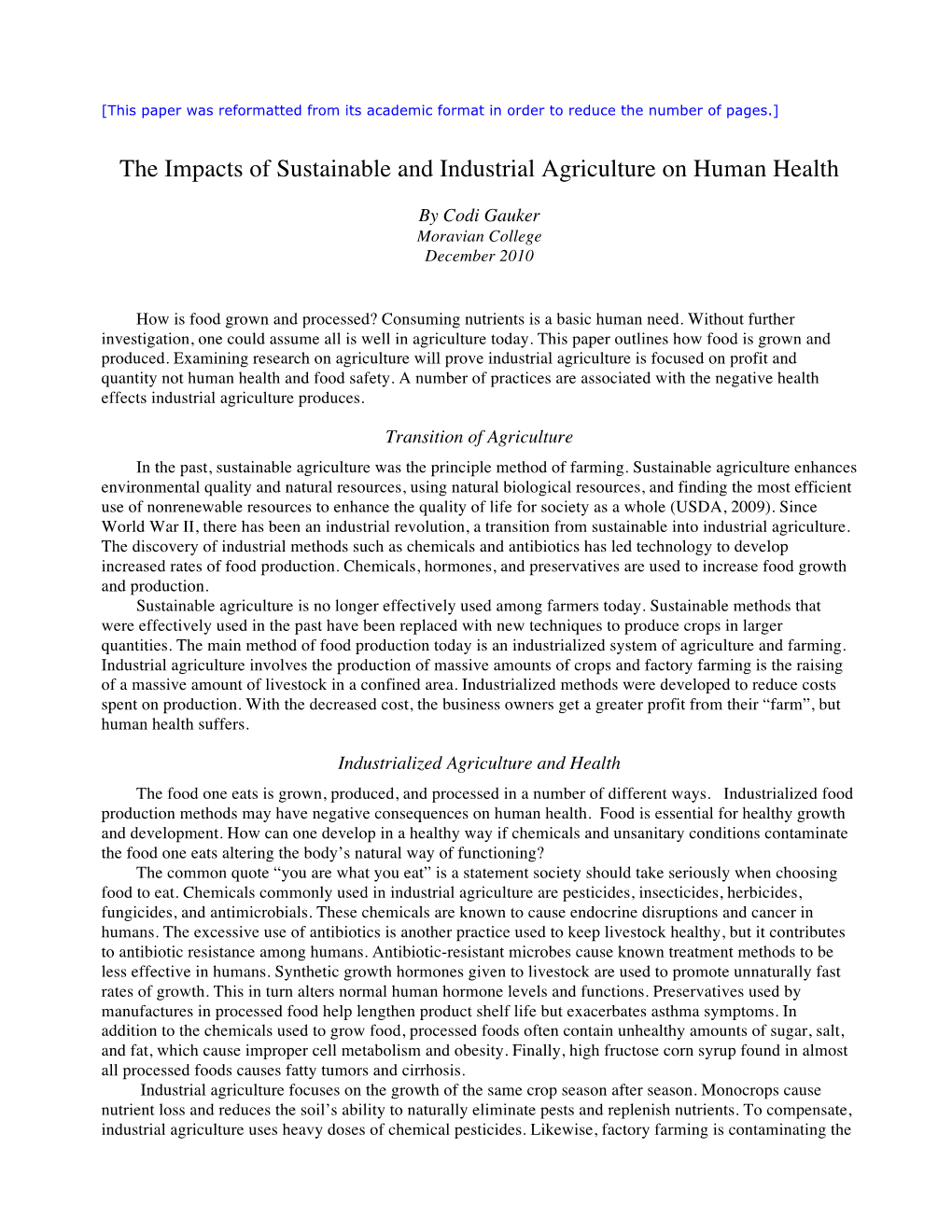 The Impacts of Sustainable and Industrial Agriculture on Human Health