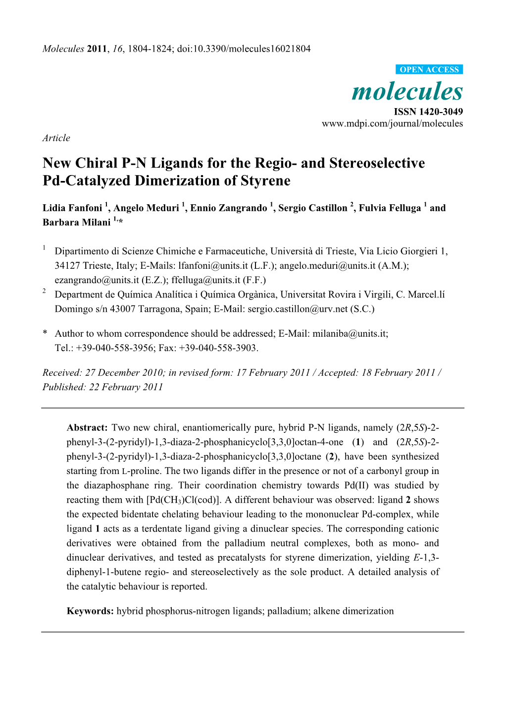 New Chiral PN Ligands for the Regio