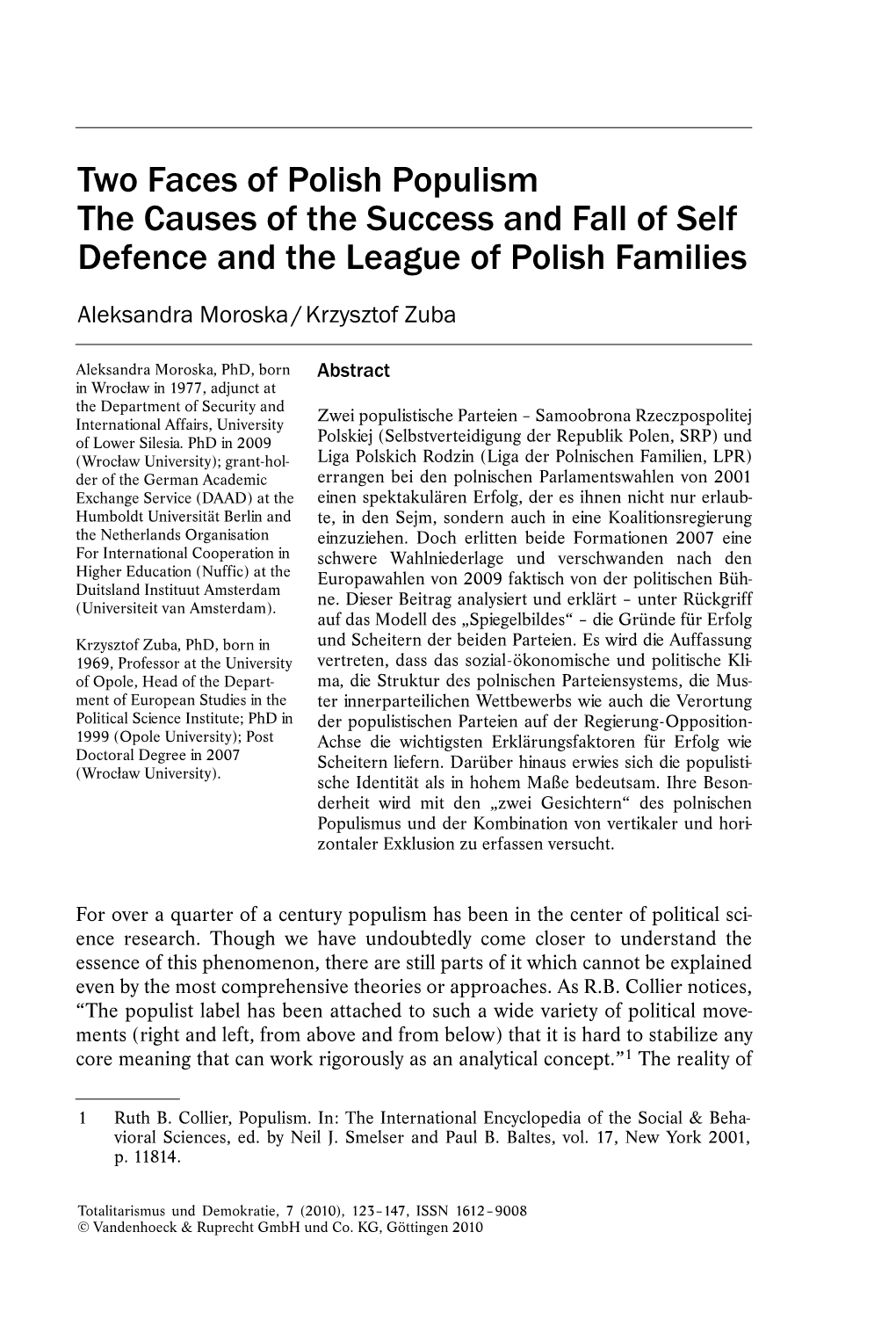 Two Faces of Polish Populism the Causes of the Success and Fall of Self Defence and the League of Polish Families