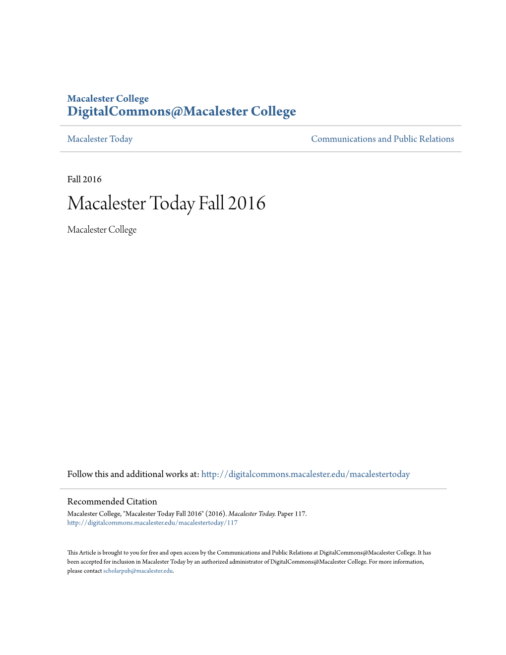 Macalester Today Fall 2016 Macalester College