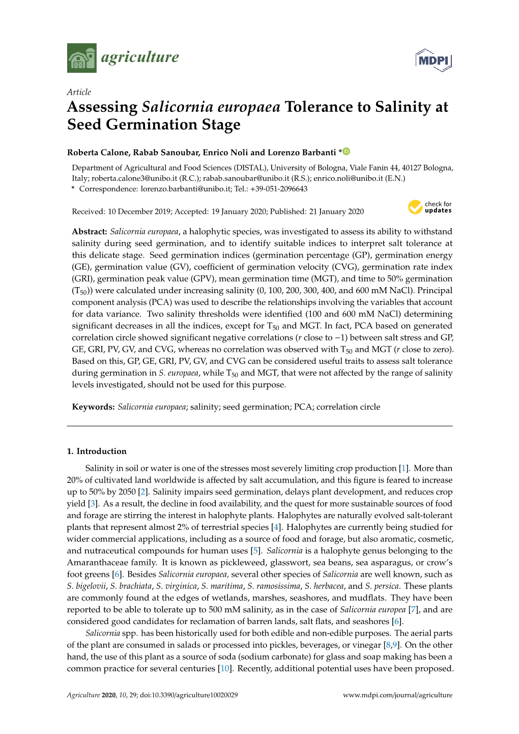 Assessing Salicornia Europaea Tolerance to Salinity at Seed Germination Stage