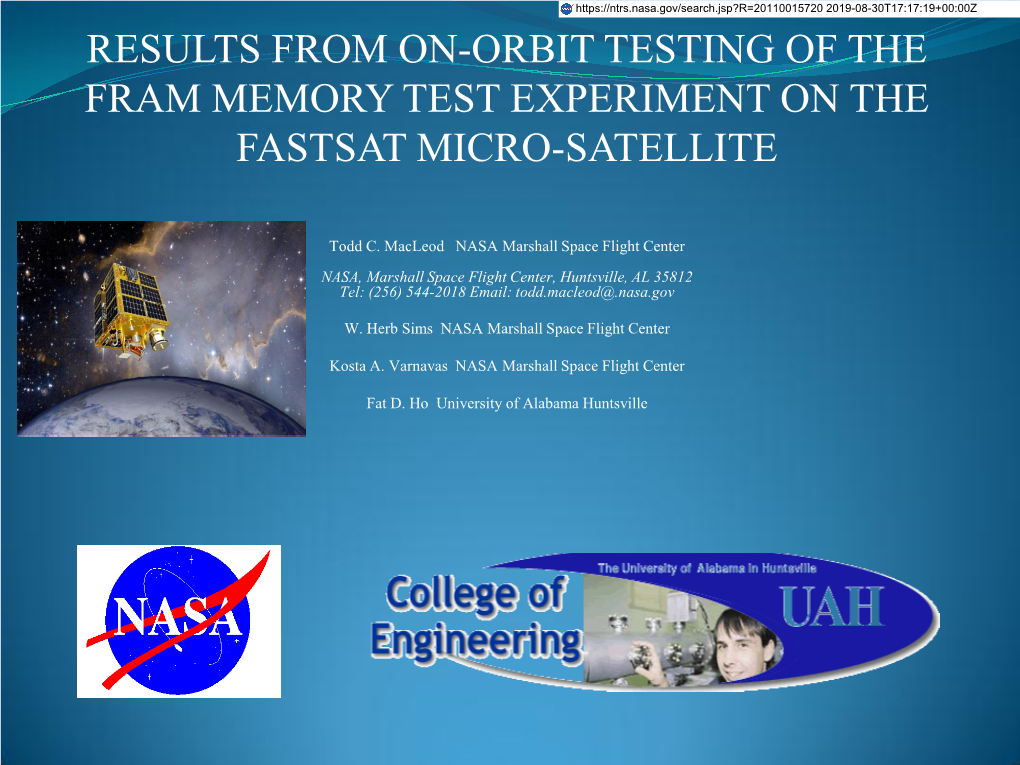 Results from On-Orbit Testing of the Fram Memory Test Experiment on the Fastsat Micro-Satellite