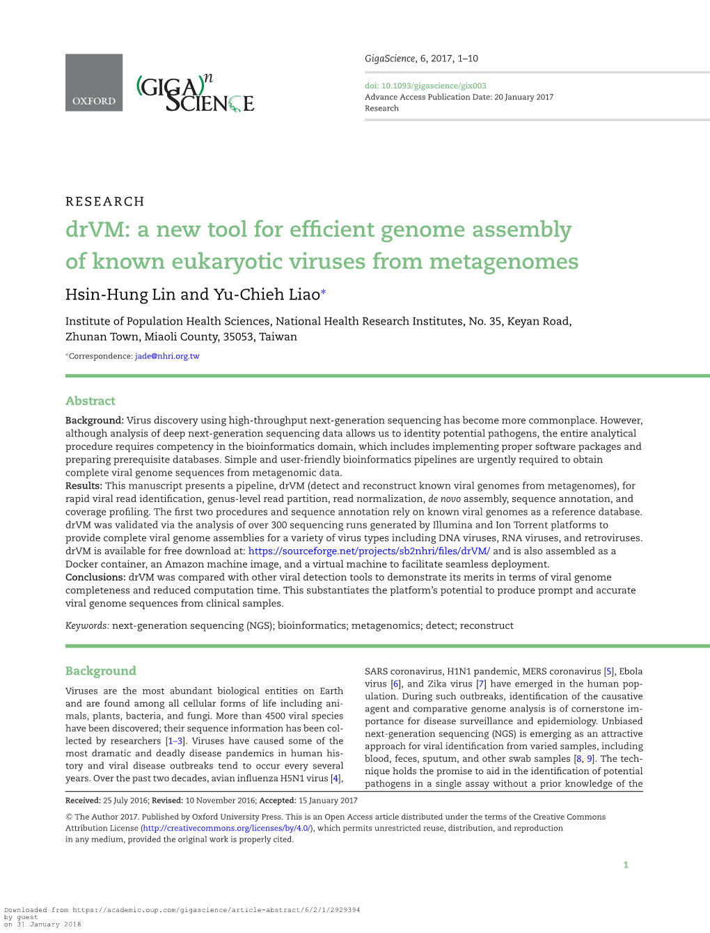 Drvm: a New Tool for Efficient Genome Assembly of Known Eukaryotic Viruses from Metagenomes Hsin-Hung Lin and Yu-Chieh Liao∗