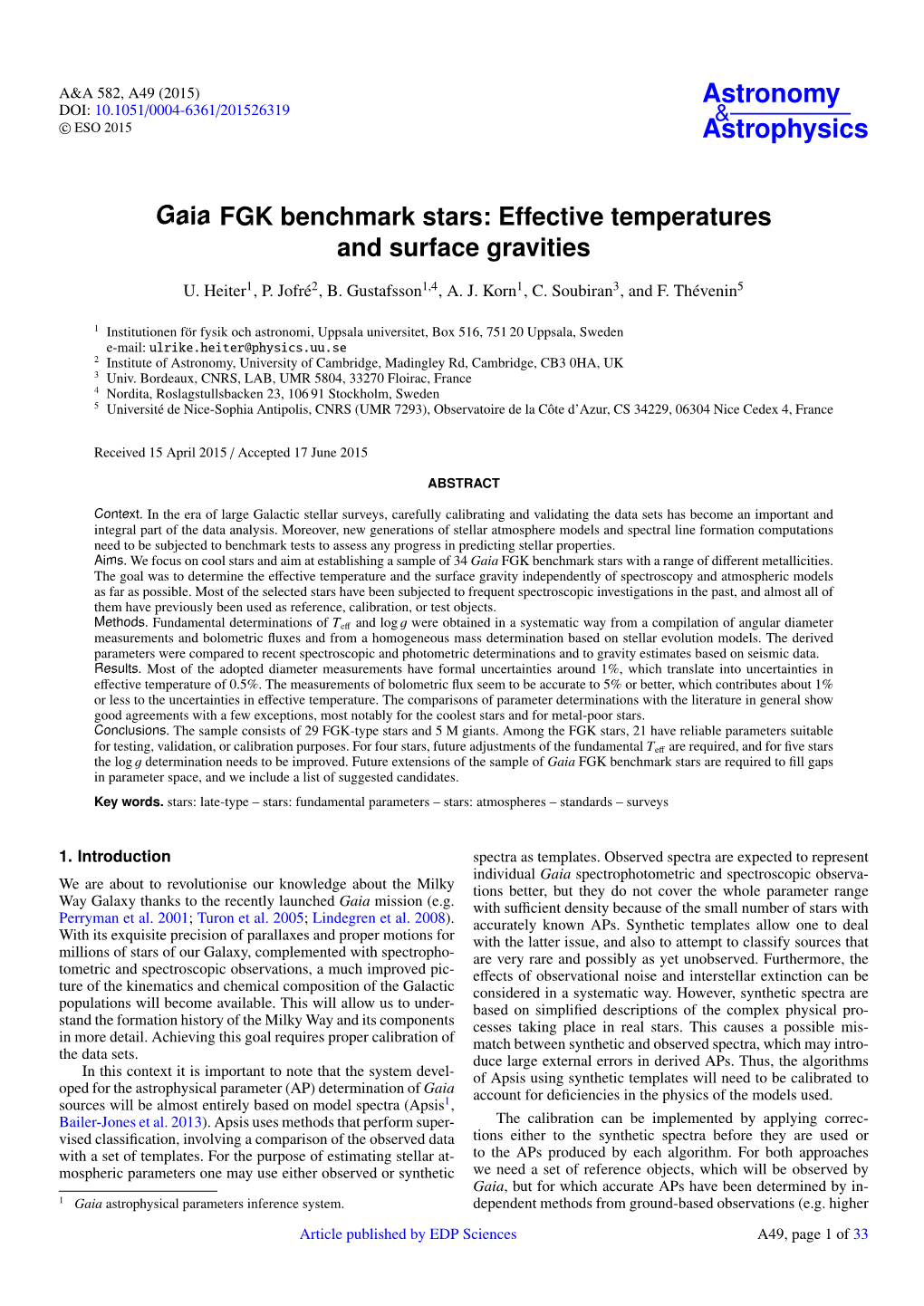 Gaia FGK Benchmark Stars: Effective Temperatures and Surface Gravities